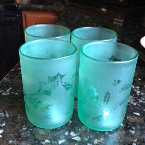 Recycled Wine Bottle Glasses Set 4 Frosted Holiday Holly Berries Blessings